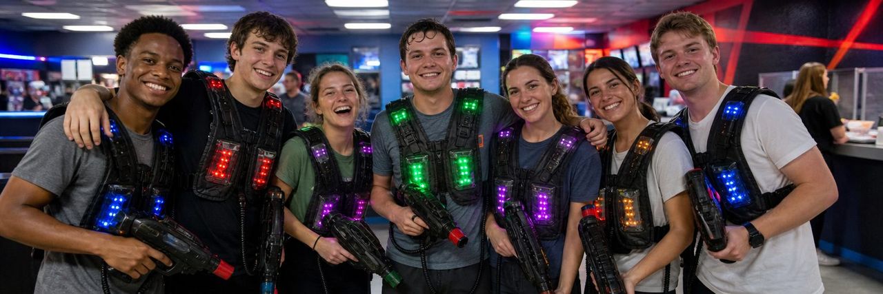 Best laser tag near me: a group of friends posing together in laser tag vests after a match