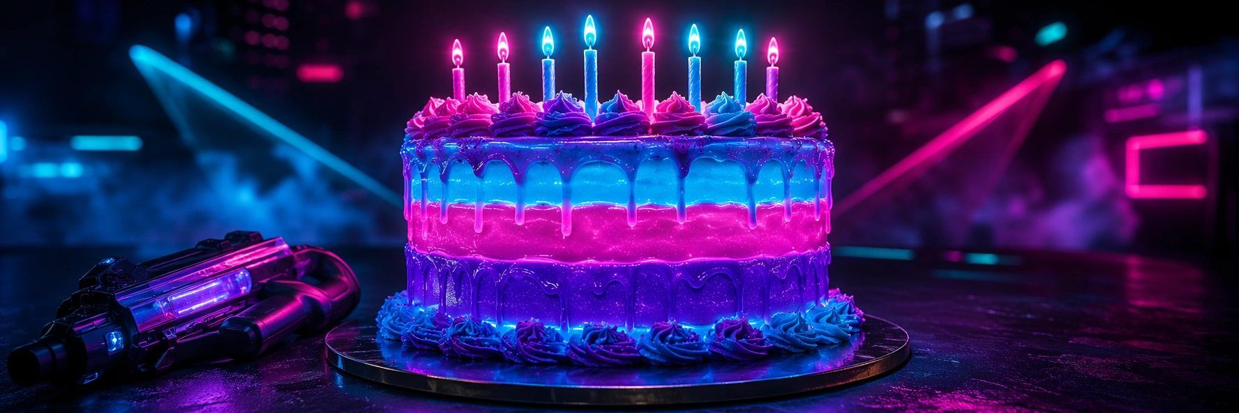 Laser tag birthday party: a glowing neon birthday cake with laser-lit candles in a cyberpunk arena setting