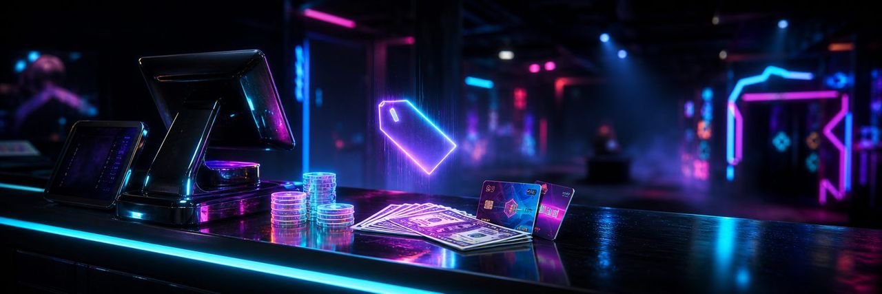 Laser tag prices: a neon cyberpunk register counter with glowing coins, bills, and cards