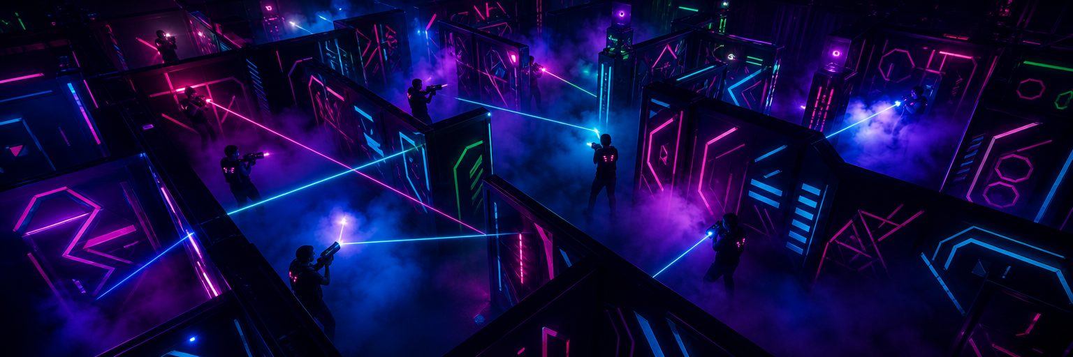 Professional laser tag: two players in a symmetrical beam duel down a converging arena corridor